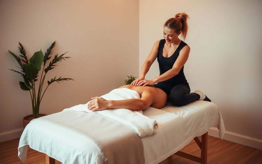 Therapeut behandelt eine Person auf der Massageliege in einer ruhigen Praxis