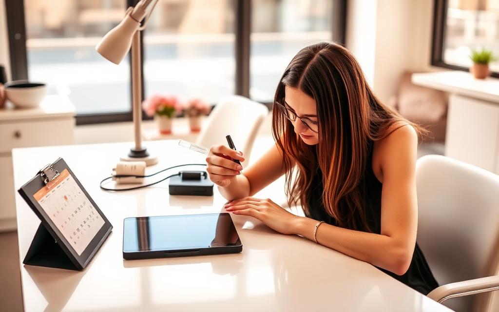 Nageldesignerin arbeitet an der Hand einer Kundin, daneben das Tablet mit dem Terminkalender